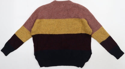 Back view of New Look women’s multicoloured striped acrylic pullover sweatshirt, size S, pullover