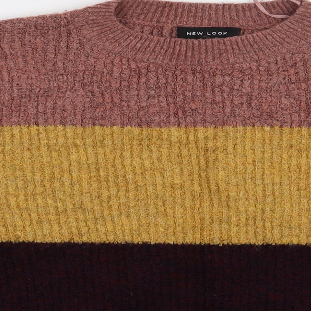 Close-up detail of New Look women’s multicoloured striped acrylic pullover sweatshirt, size S, pullover