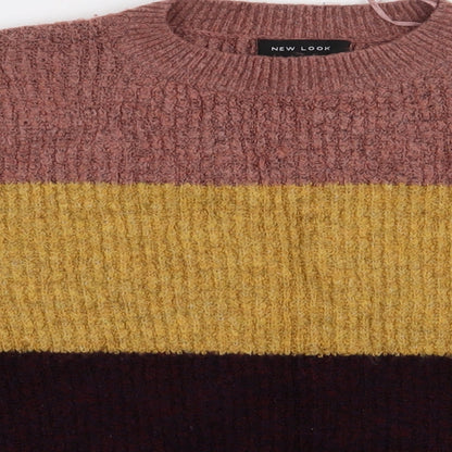 Close-up detail of New Look women’s multicoloured striped acrylic pullover sweatshirt, size S, pullover