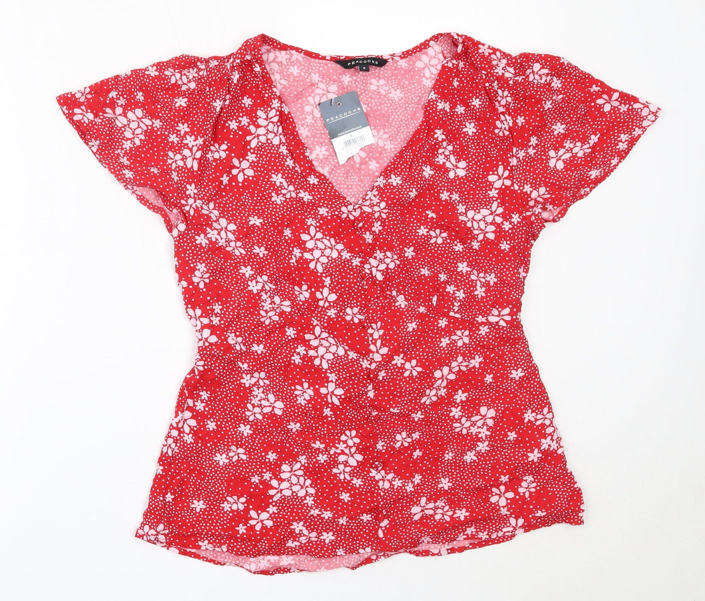 Peacocks Womens Red Floral Viscose Basic Blouse Size 8 V-Neck
