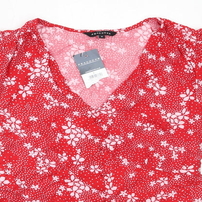 Peacocks Womens Red Floral Viscose Basic Blouse Size 8 V-Neck