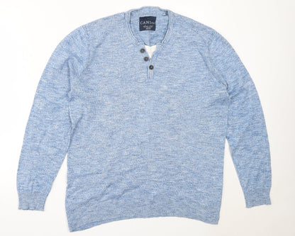 CANDA Mens Blue V-Neck  Cotton Pullover Jumper Size L