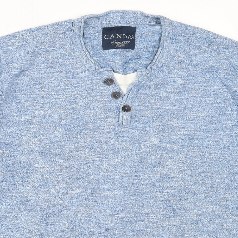 CANDA Mens Blue V-Neck  Cotton Pullover Jumper Size L