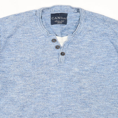 CANDA Mens Blue V-Neck  Cotton Pullover Jumper Size L