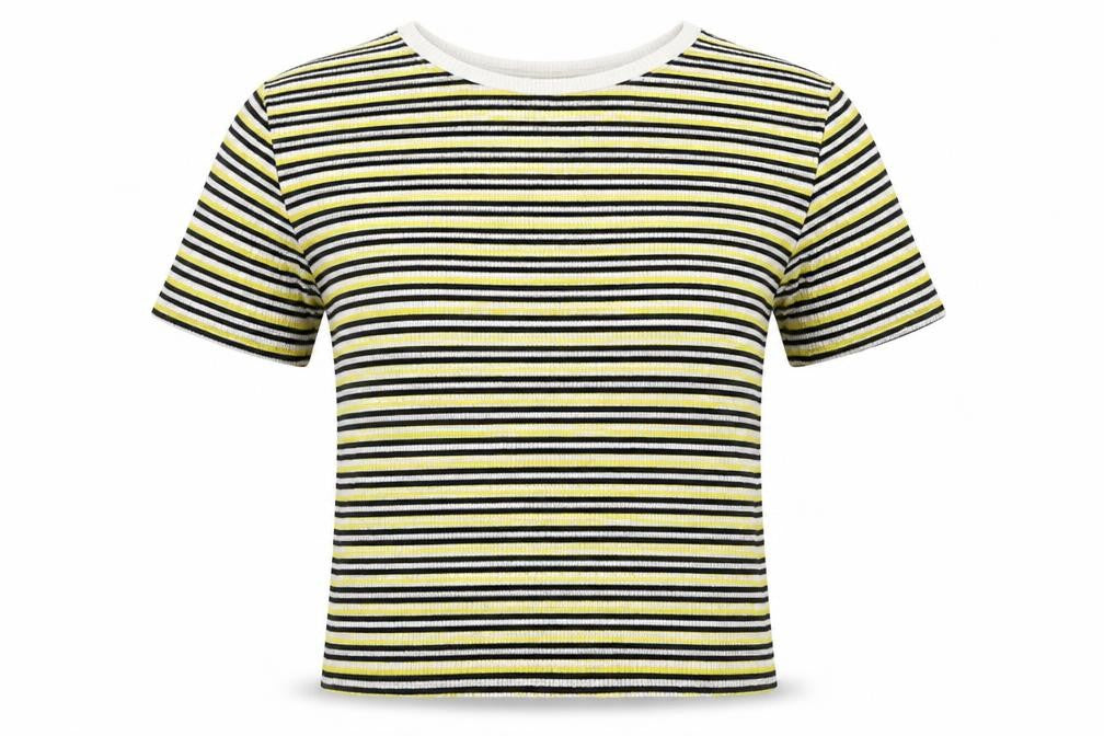 Front view of Zara women’s yellow striped viscose basic t-shirt, size S, off the shoulder