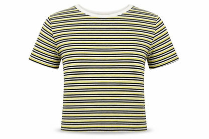 Front view of Zara women’s yellow striped viscose basic t-shirt, size S, off the shoulder
