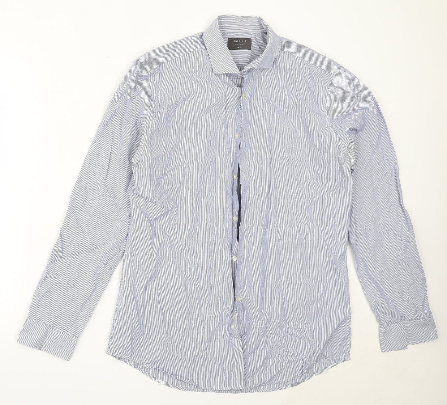 Mens UK Size 16 Marks and Spencer Blue  Button-Up Long Sleeve Casual Shirt