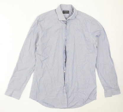 Mens UK Size 16 Marks and Spencer Blue  Button-Up Long Sleeve Casual Shirt