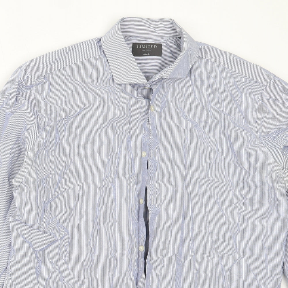 Mens UK Size 16 Marks and Spencer Blue  Button-Up Long Sleeve Casual Shirt