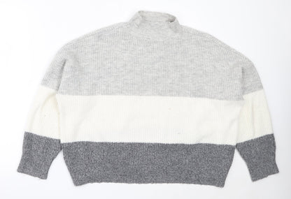 Primark Womens Grey High Neck Striped Acrylic Pullover Jumper Size L