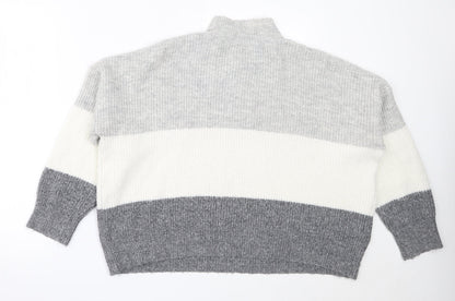 Primark Womens Grey High Neck Striped Acrylic Pullover Jumper Size L