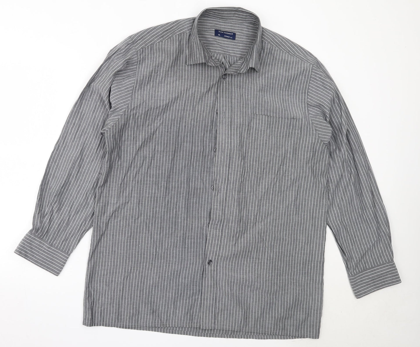 Tom Hagan Mens Grey Striped Polyester  Button-Up Size XL Collared