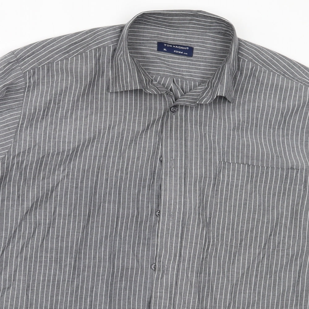 Tom Hagan Mens Grey Striped Polyester  Button-Up Size XL Collared