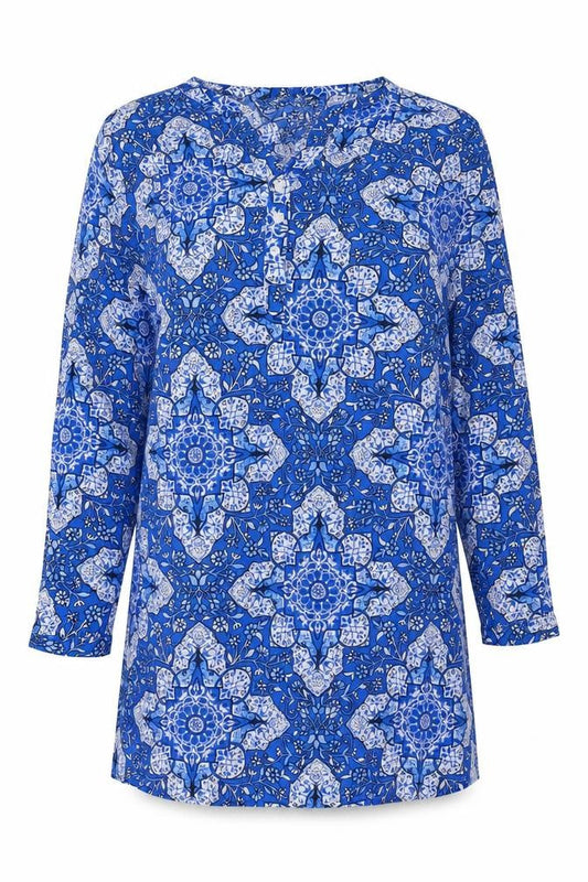 Front view of Real Clothing women’s blue geometric viscose mini, size XL, v-neck