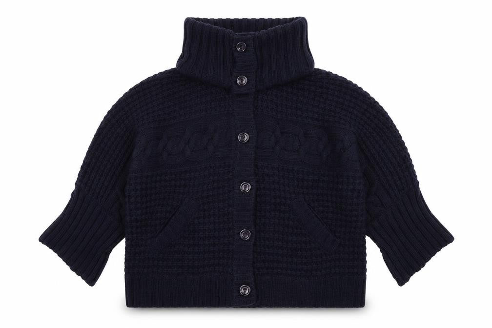 Front view of Red Herring women’s blue roll neck acrylic cardigan jumper, size UK 16