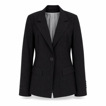 Front view of Slater women’s black striped polyester jacket suit jacket, size UK 6