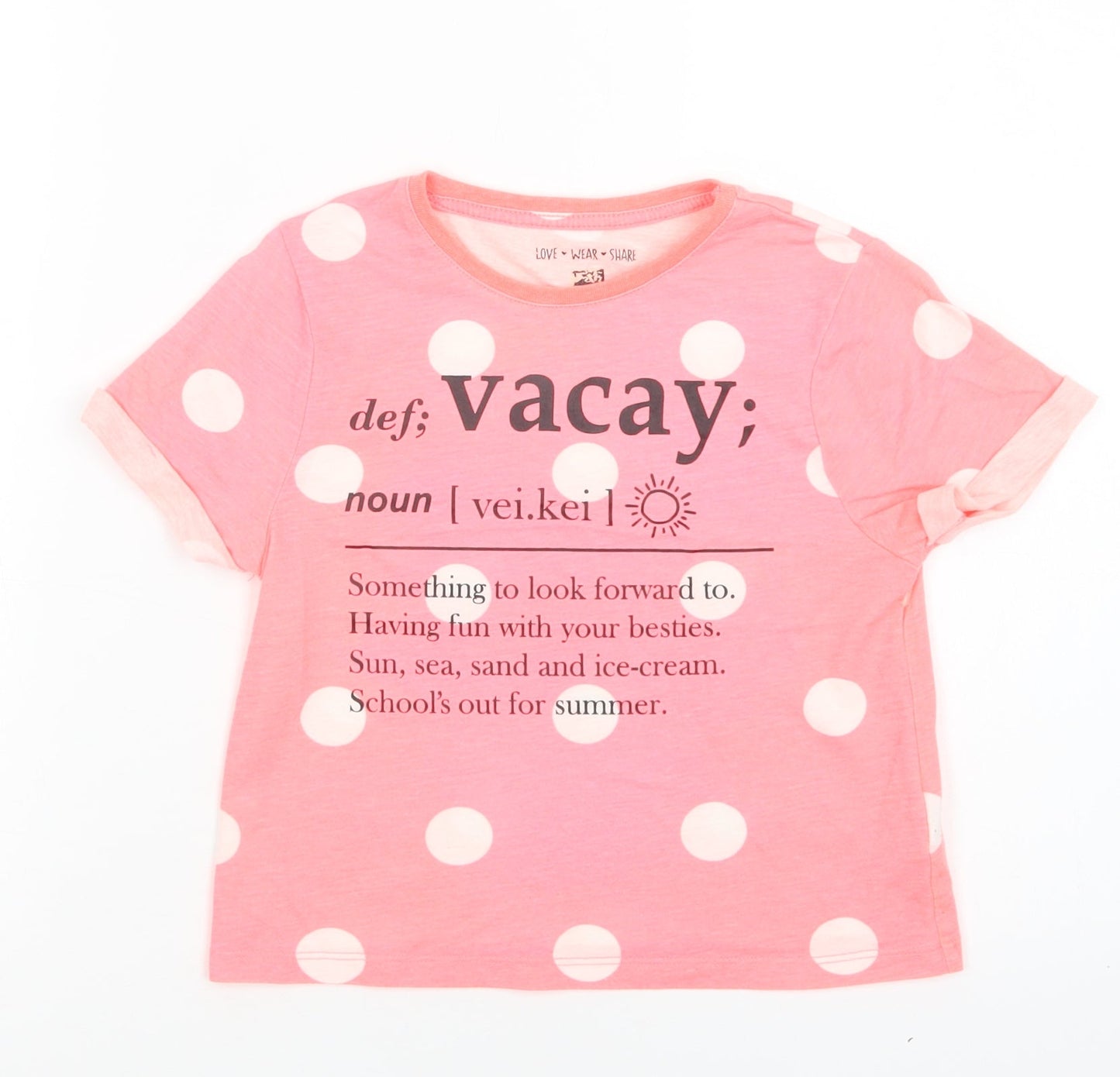 F&F Girls Pink Polka Dot Polyester Basic T-Shirt Size 7-8 Years Crew Neck  - Vacay