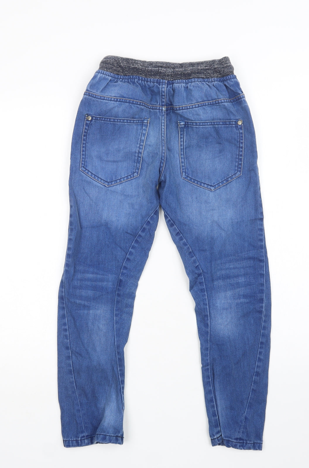 Back view of Next boys’ blue cotton straight jeans, size 9, months regular drawstring