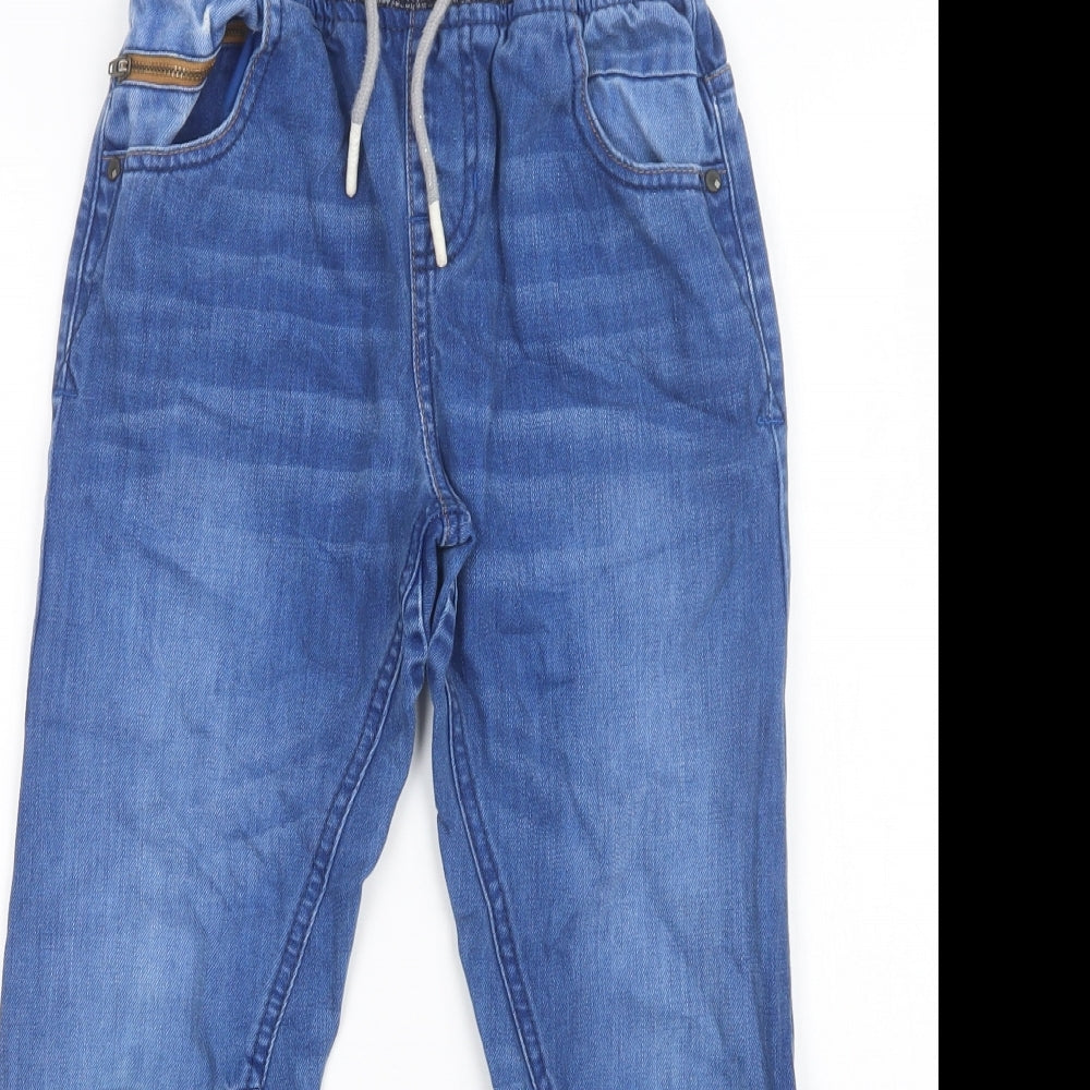 Close-up detail of Next boys’ blue cotton straight jeans, size 9, months regular drawstring