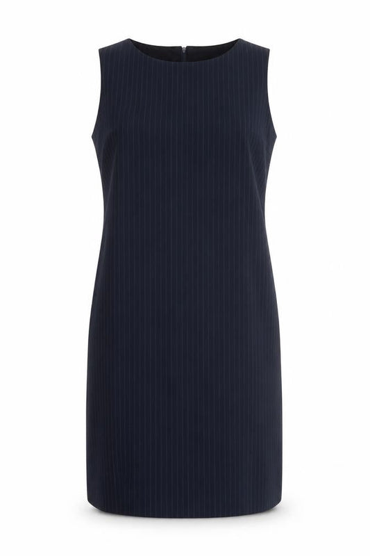Front view of AYC By Joshua Faulk women’s blue striped polyester pinafore/dungaree dress, size UK 14, round neck zip