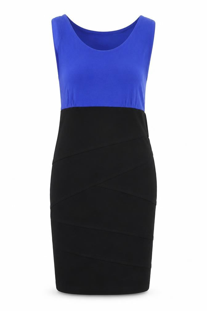 Front view of Dorothy Perkins women’s blue viscose pencil dress, size UK 12, round neck