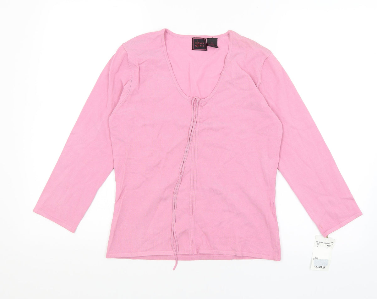 Additional front view of Colour Works women’s pink viscose basic t-shirt, size S, v-neck