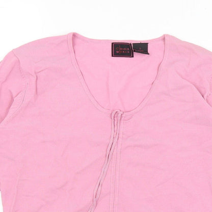 Close-up detail of Colour Works women’s pink viscose basic t-shirt, size S, v-neck
