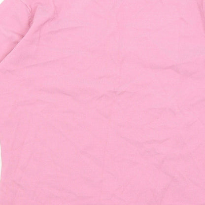 Brand and care label for Colour Works women’s pink viscose basic t-shirt, size S, v-neck