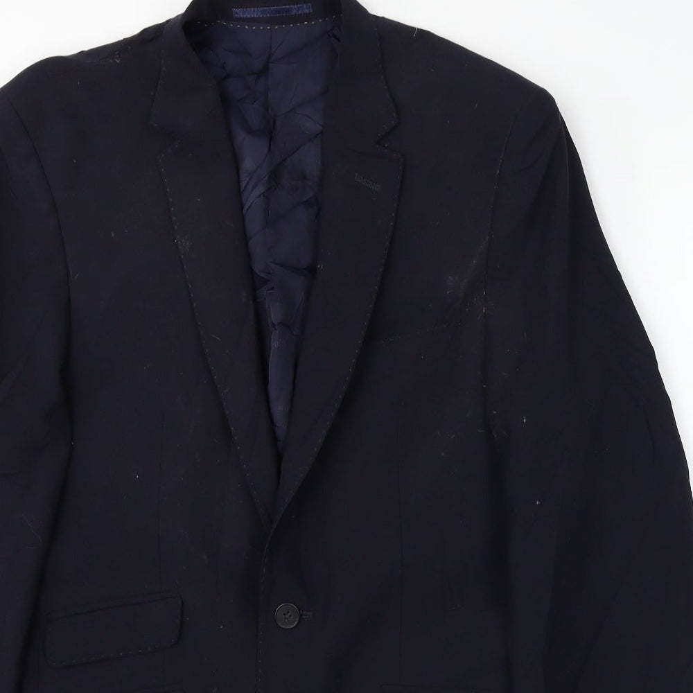Close-up detail of europa men’s blue polyester jacket blazer, size 38