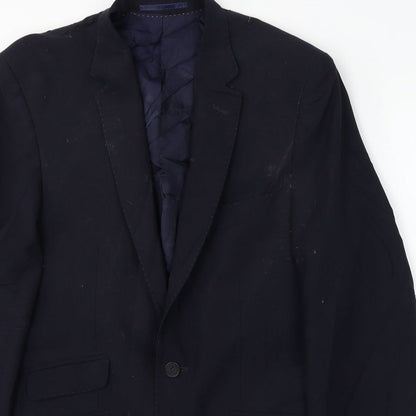 Close-up detail of europa men’s blue polyester jacket blazer, size 38