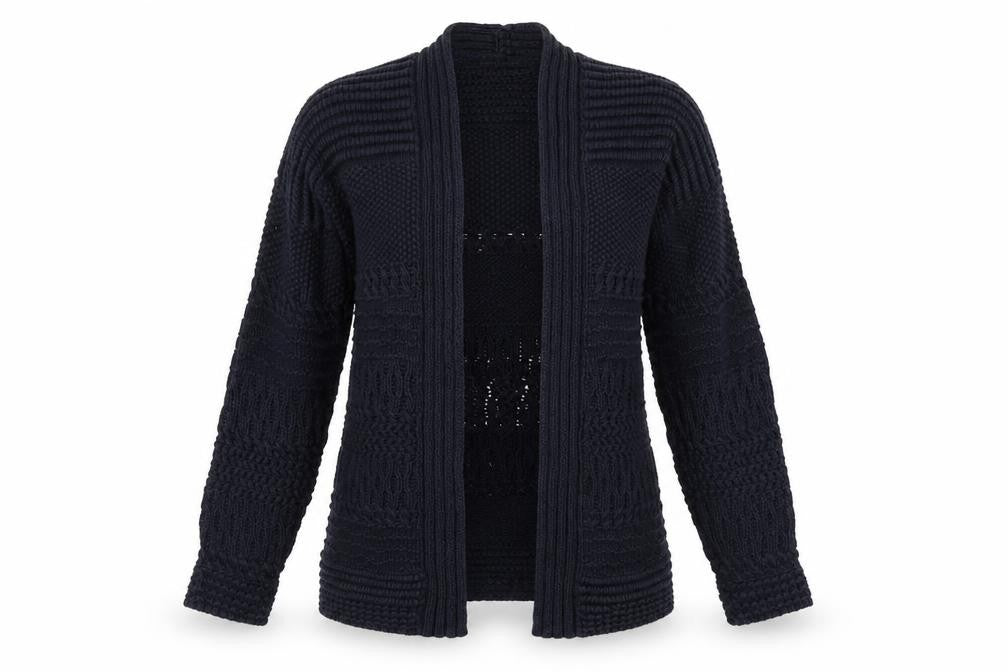 Front view of Per Una women’s blue v-neck acrylic cardigan jumper, size S
