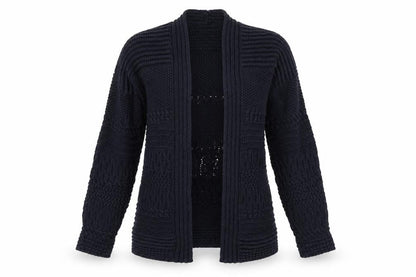 Front view of Per Una women’s blue v-neck acrylic cardigan jumper, size S