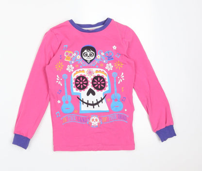 DISNEY  Girls Pink Floral Cotton Basic T-Shirt Size 9-10 Years Round Neck  - DISNEY IN THE LAND OF THE DEAD