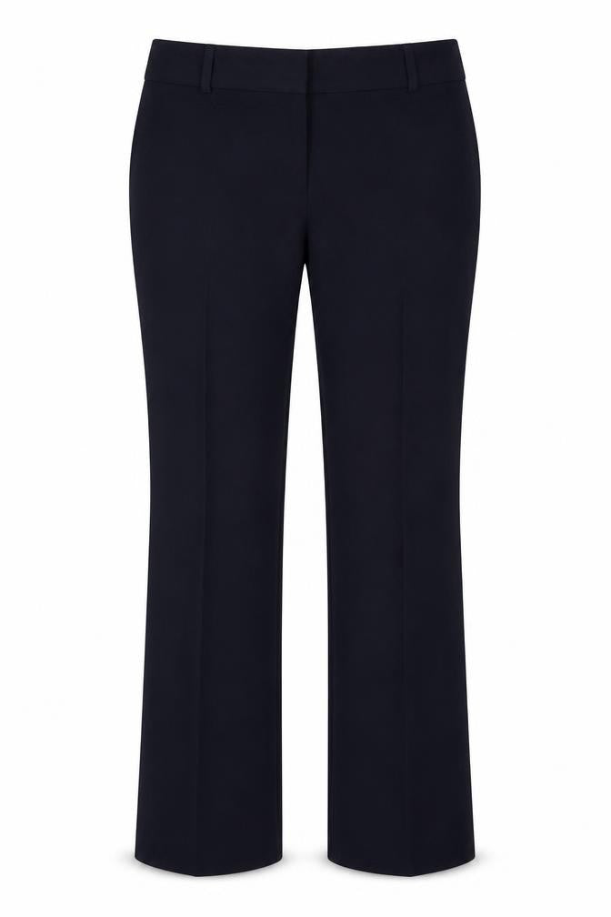 Front view of Marks & Spencer women’s blue polyester trousers, size UK 10, 27.5-inch leg regular hook & eye