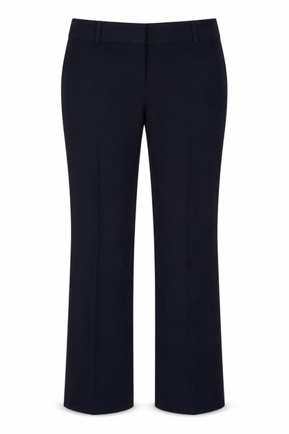 Front view of Marks & Spencer women’s blue polyester trousers, size UK 10, 27.5-inch leg regular hook & eye