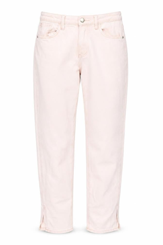 Front view of PRETTYLITTLETHING women’s pink cotton straight jeans, size UK 6, 32-inch leg regular button