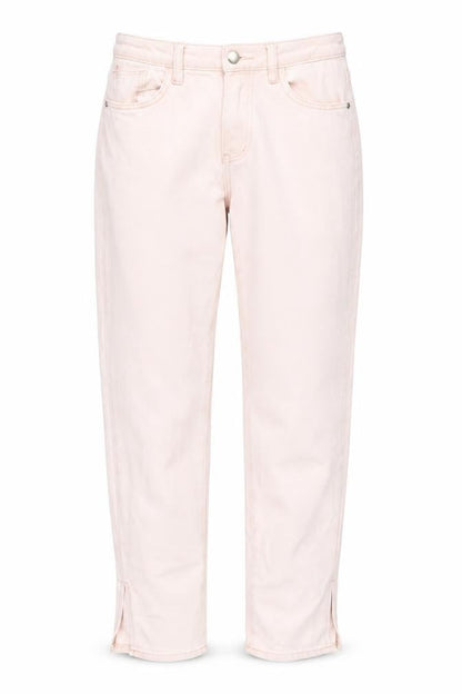Front view of PRETTYLITTLETHING women’s pink cotton straight jeans, size UK 6, 32-inch leg regular button