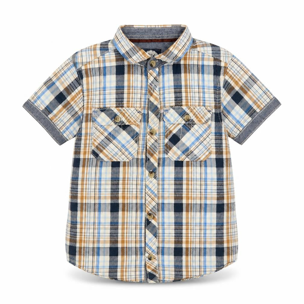 Front view of Rebel boys’ blue plaid cotton basic button-up, size 5-6, years collared button - chest pocket