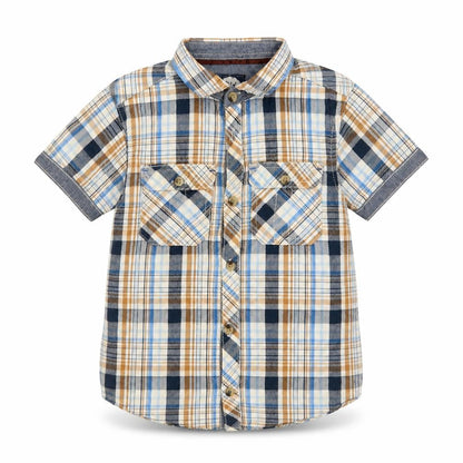 Front view of Rebel boys’ blue plaid cotton basic button-up, size 5-6, years collared button - chest pocket