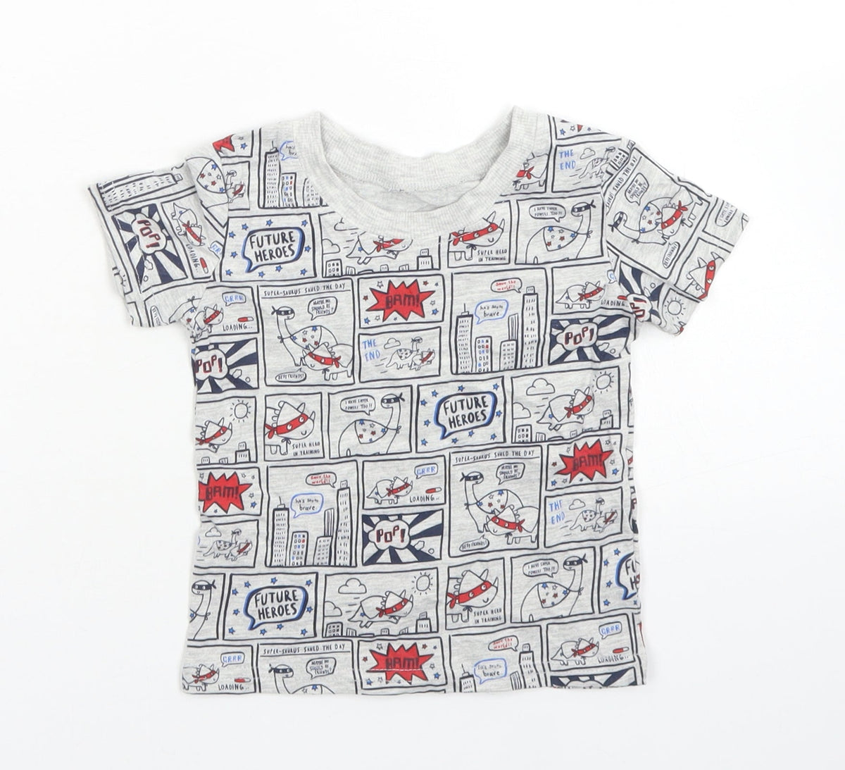 Additional front view of George boys’ grey cotton basic t-shirt, size 6-9, months crew neck - comic book
