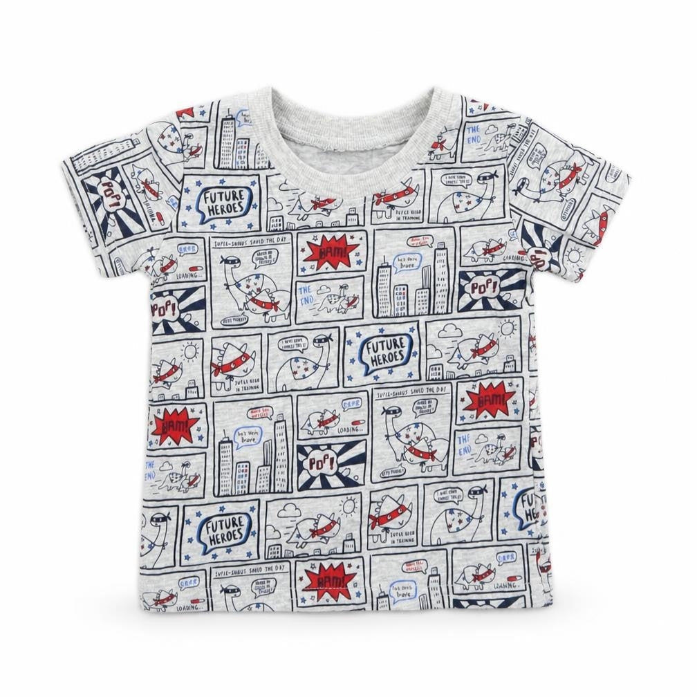 Front view of George boys’ grey cotton basic t-shirt, size 6-9, months crew neck - comic book