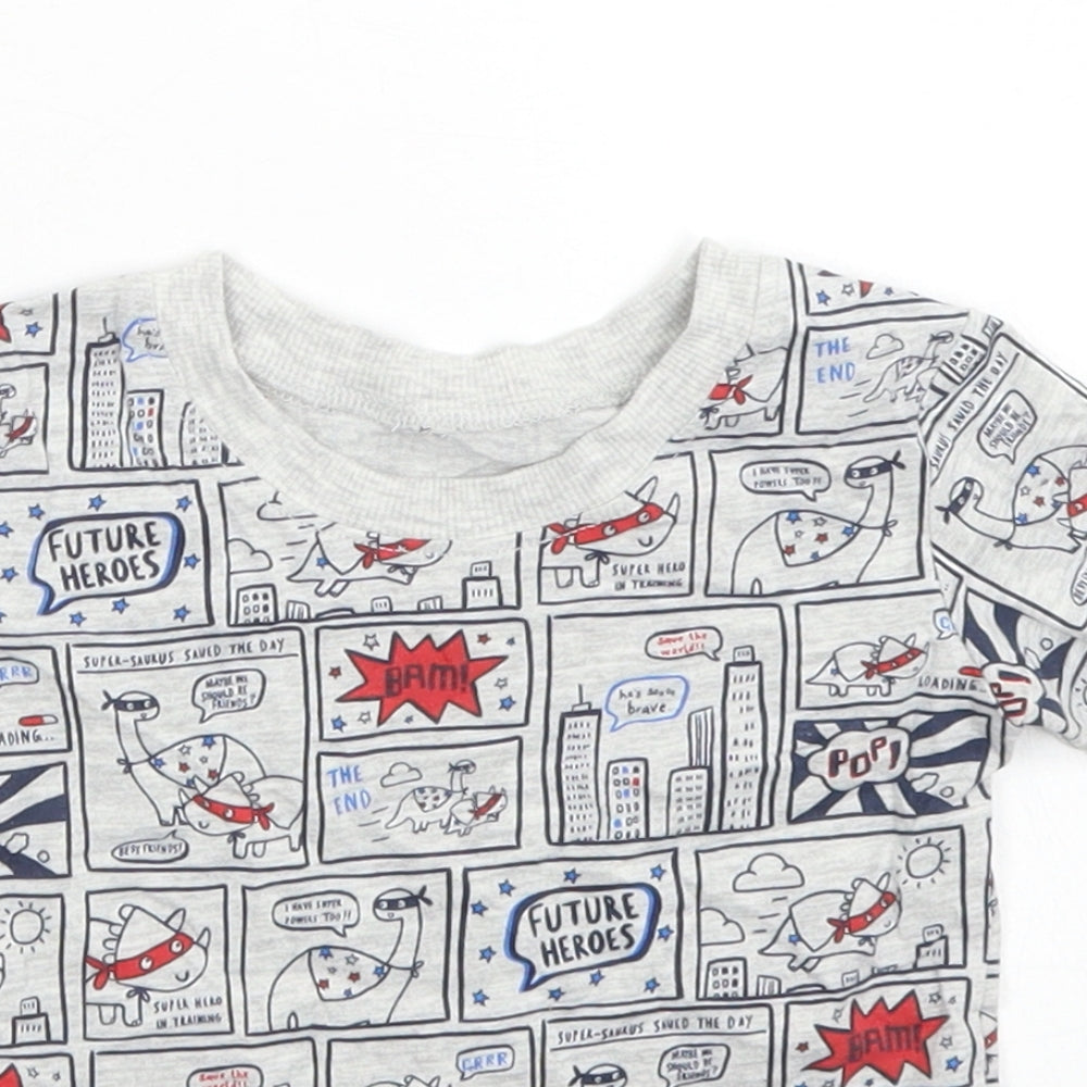 Close-up detail of George boys’ grey cotton basic t-shirt, size 6-9, months crew neck - comic book