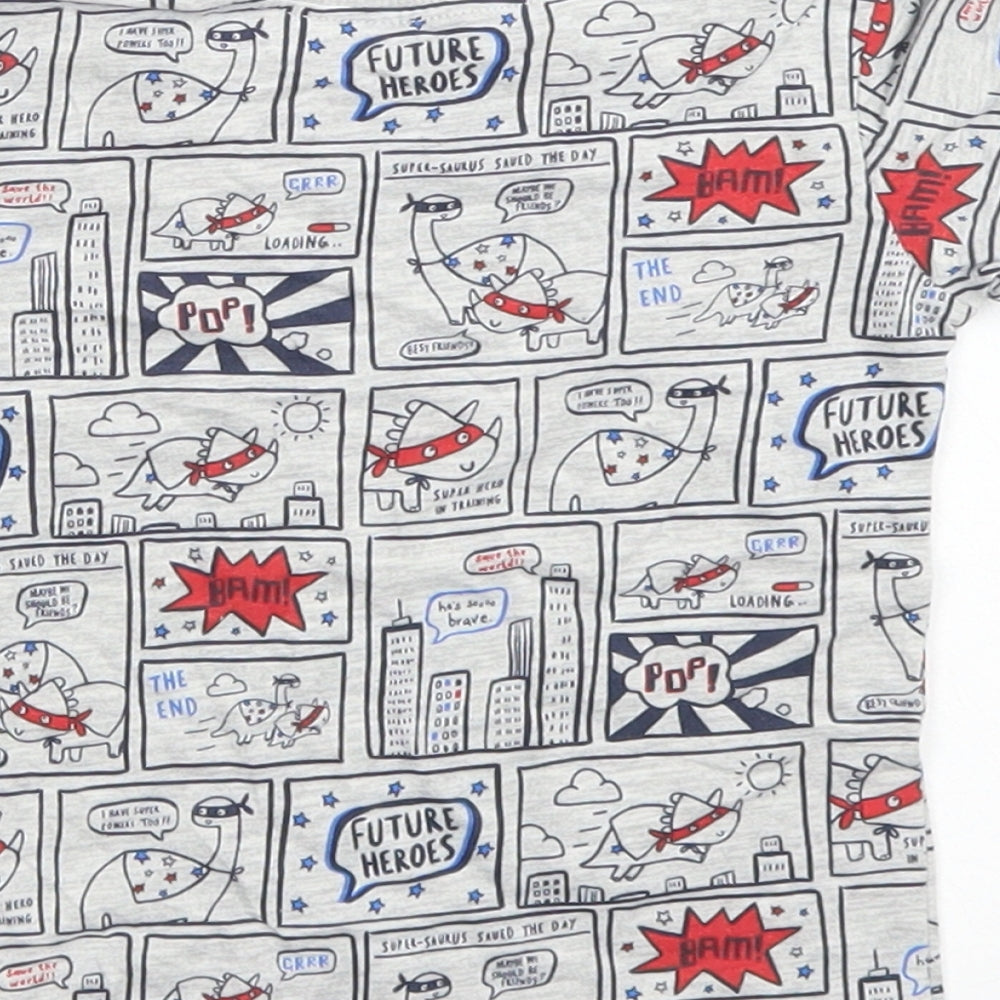 Brand and care label for George boys’ grey cotton basic t-shirt, size 6-9, months crew neck - comic book