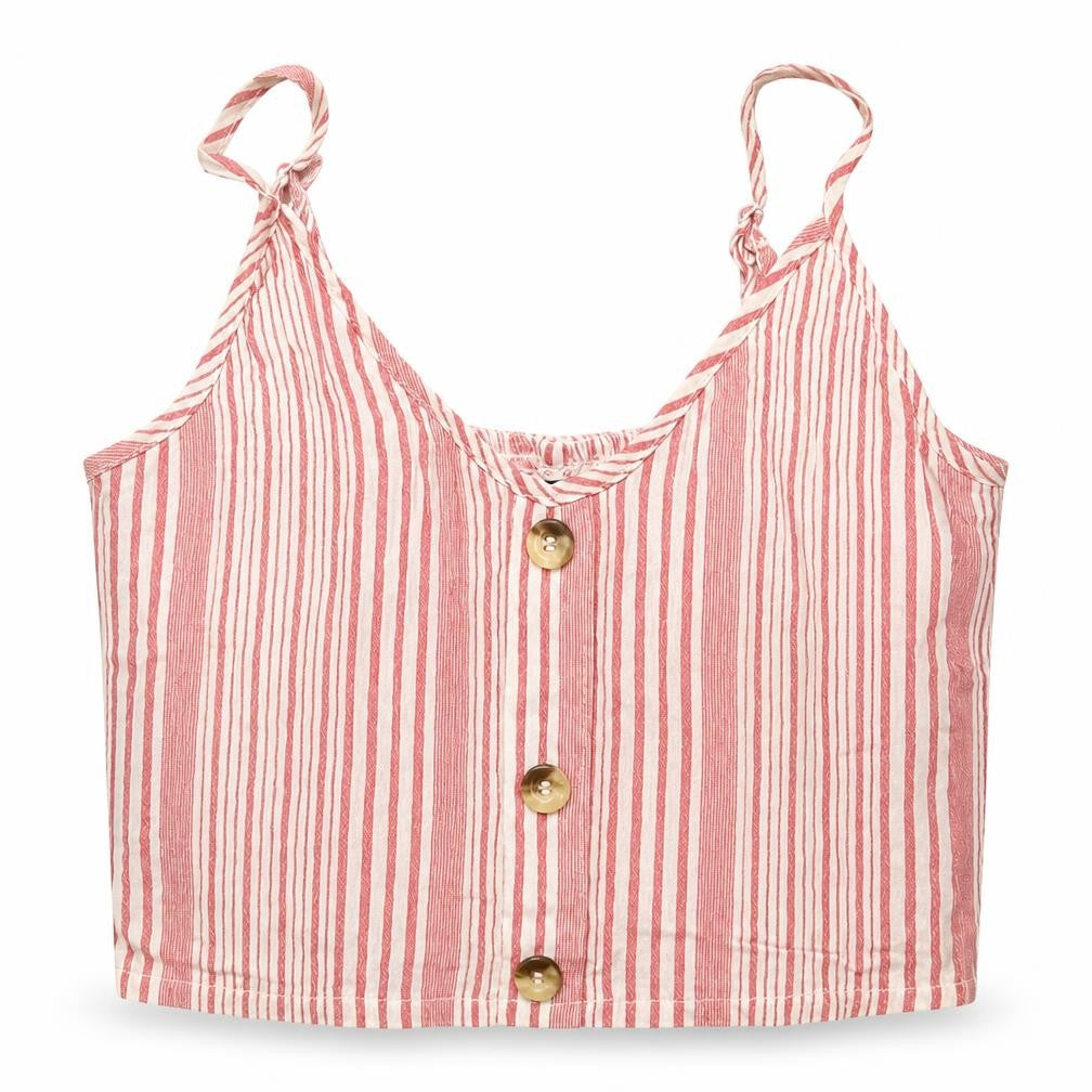 Front view of Divided women’s red striped viscose cropped tank, size UK 6, v-neck