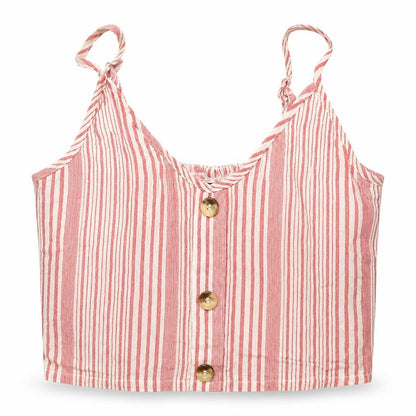 Front view of Divided women’s red striped viscose cropped tank, size UK 6, v-neck