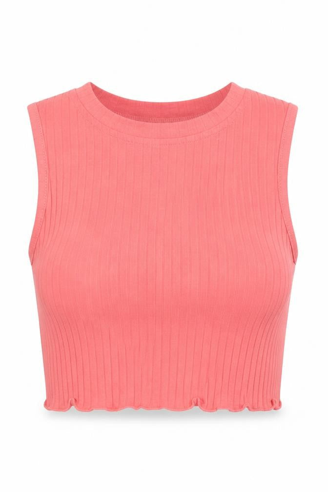 Front view of SHEIN women’s pink cotton cropped tank, size XS, crew neck - lettuce edging
