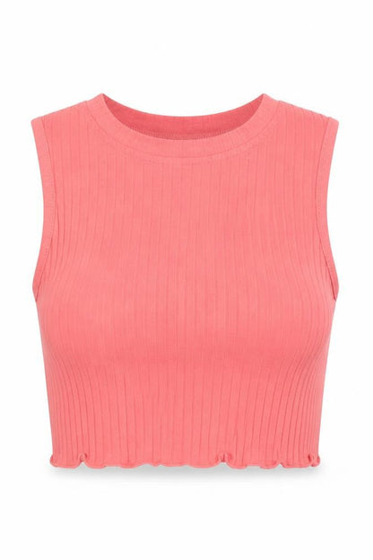 Front view of SHEIN women’s pink cotton cropped tank, size XS, crew neck - lettuce edging