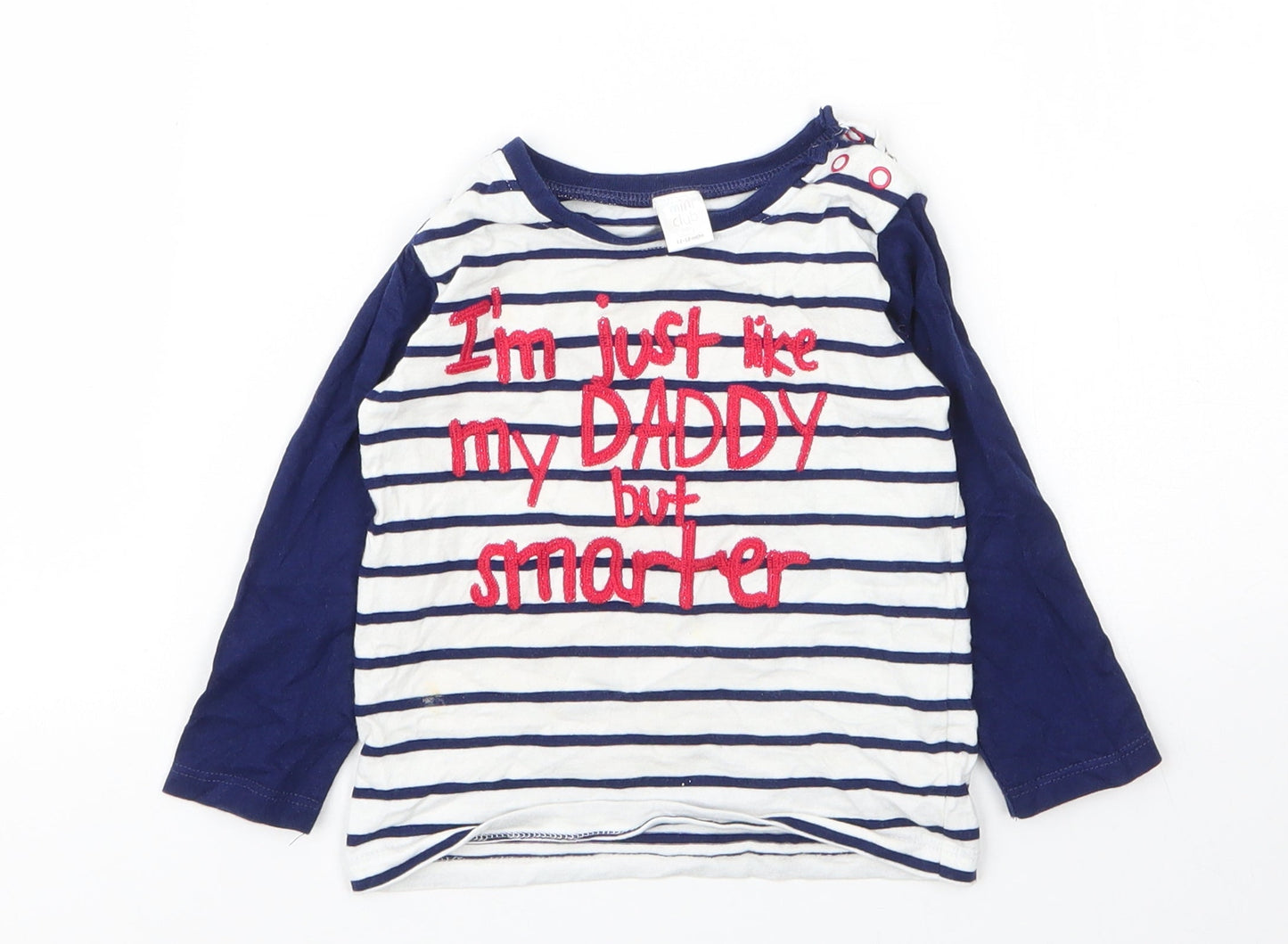 Mini Club Boys White Striped Cotton Basic T-Shirt Size 12 Months Round Neck Button