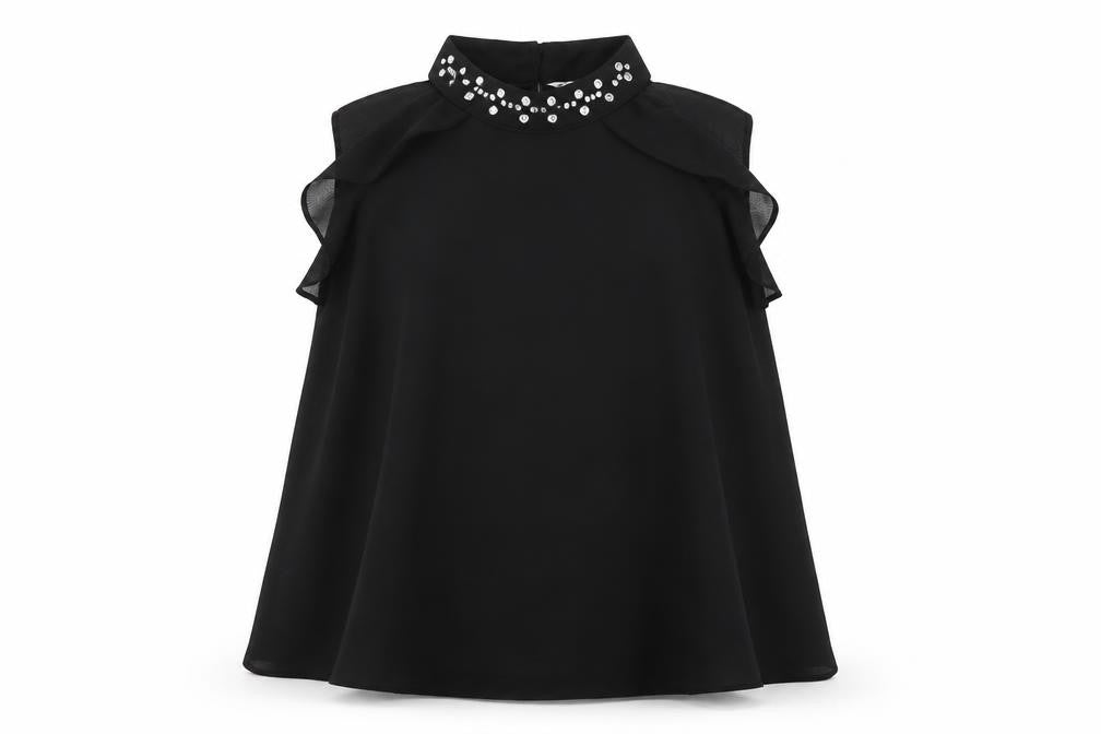 Front view of Matalan girls’ black polyester basic blouse, size 11, years round neck