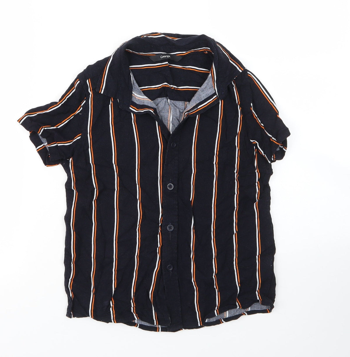 Additional front view of George boys’ blue striped viscose basic button-up, size 7, years collared button